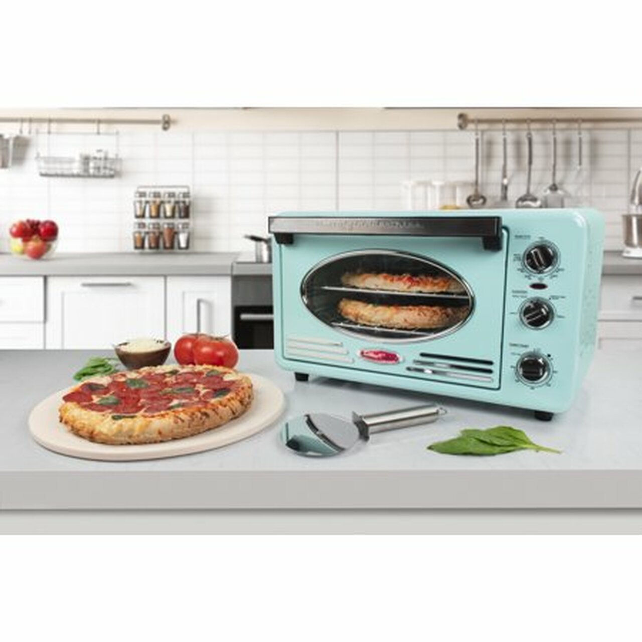 Nostalgia RTOV2AQ Large-Capacity 0.7-Cu. Ft. Capacity Multi-Functioning Retro Convection Toaster Oven, Aqua