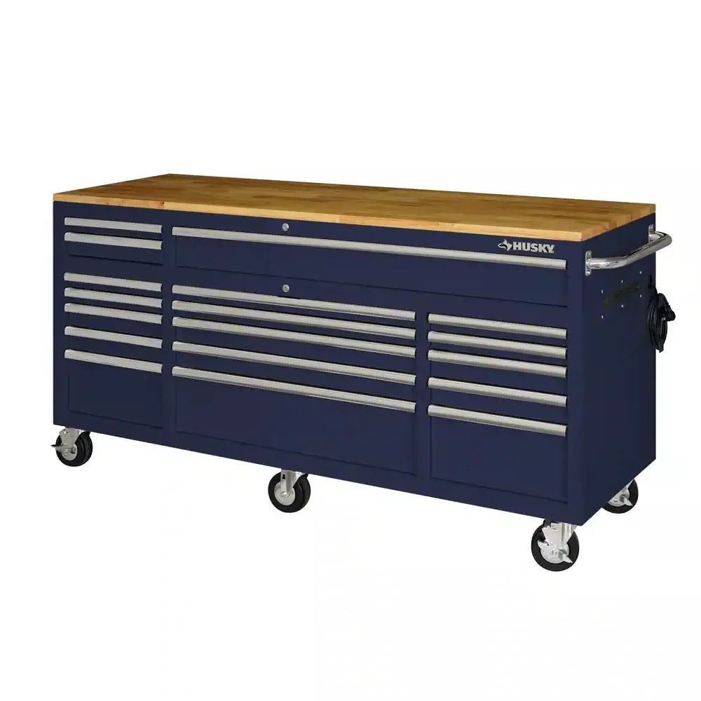 72 in. 18-Drawer Mobile Workbench with Solid Wood Top in Gloss Blue