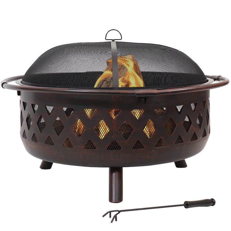 Sunnydaze Outdoor Camping or Backyard Crossweave Cut Out Fire Pit with Spark Screen, Log Poker, and Metal Wood Grate – 36″ – Bronze
