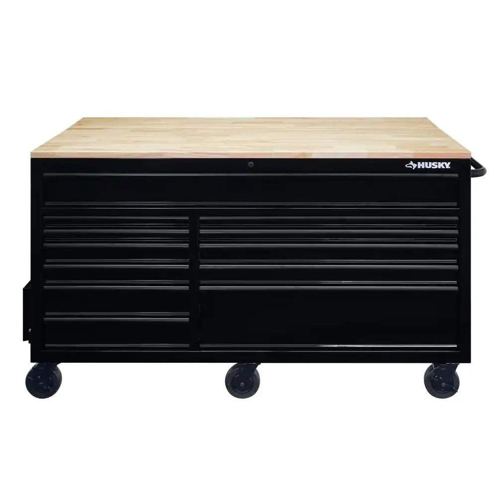 Husky 62 in. 12-Drawer Mobile Workbench with Full Length Ext Table in All Blacked Out