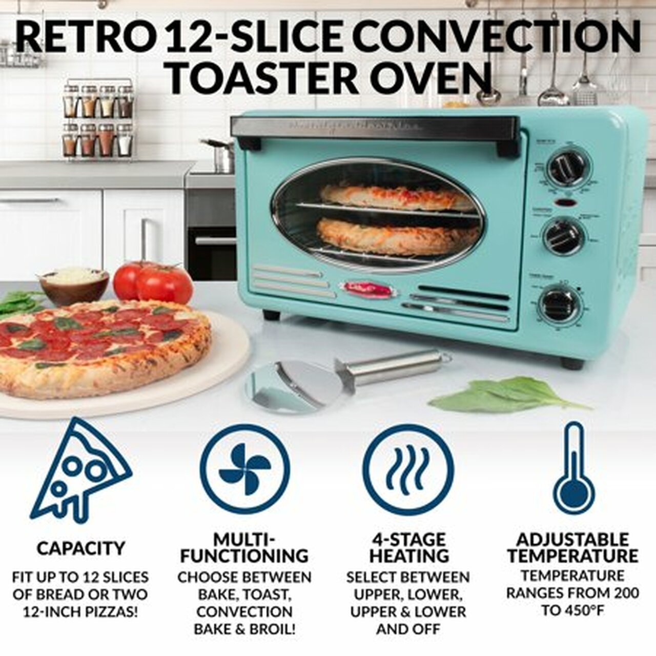 Nostalgia RTOV2AQ Large-Capacity 0.7-Cu. Ft. Capacity Multi-Functioning Retro Convection Toaster Oven, Aqua