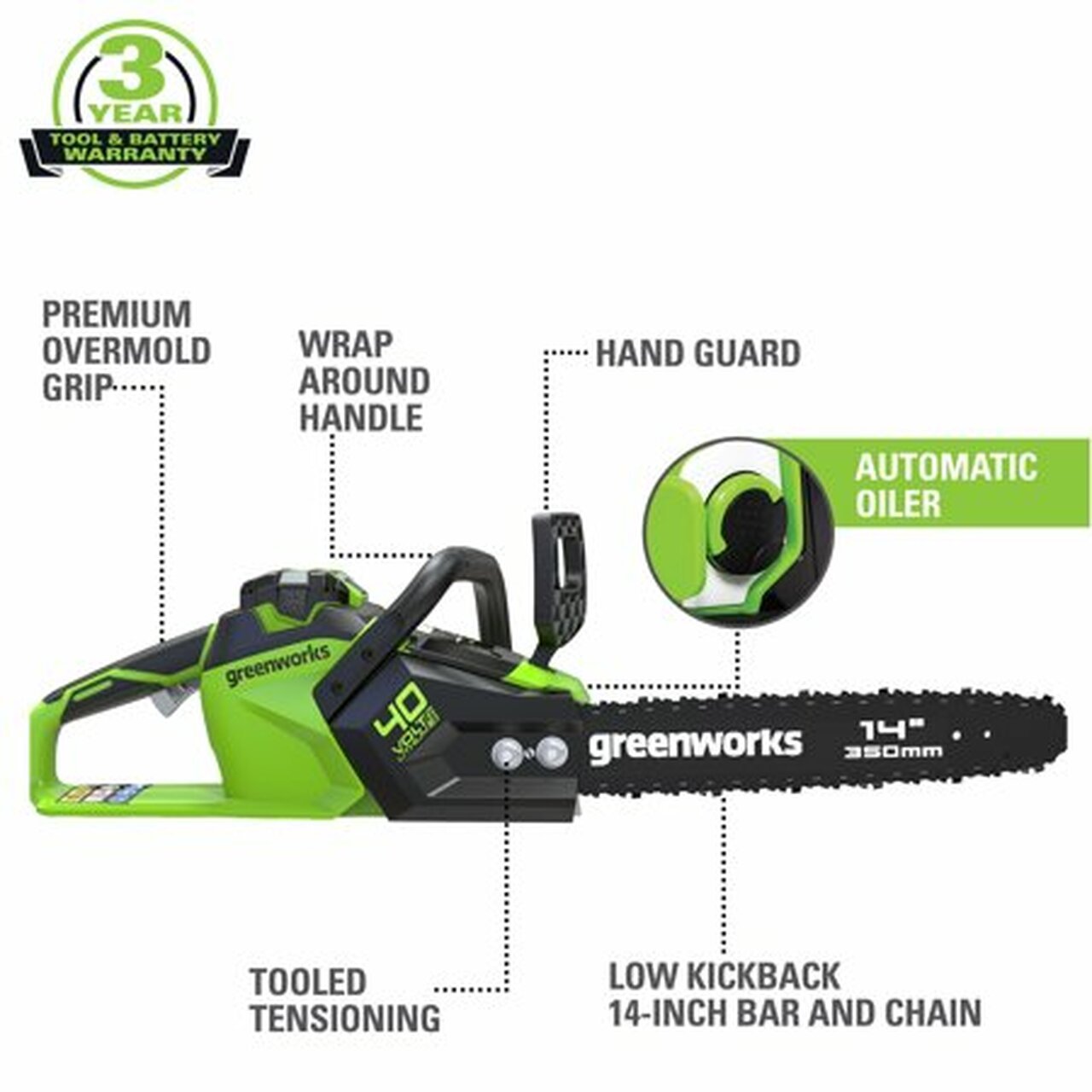 Greenworks 40V 14 in. Cordless Chainsaw with 2.5Ah Battery and Charger, 2012802