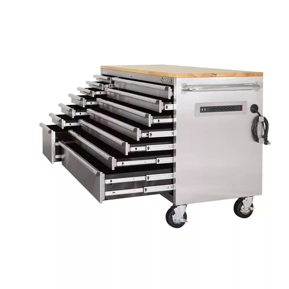 62 in. 14-Drawer 24 in. Deep Stainless Steel Mobile Workbench with Solid Wood Top