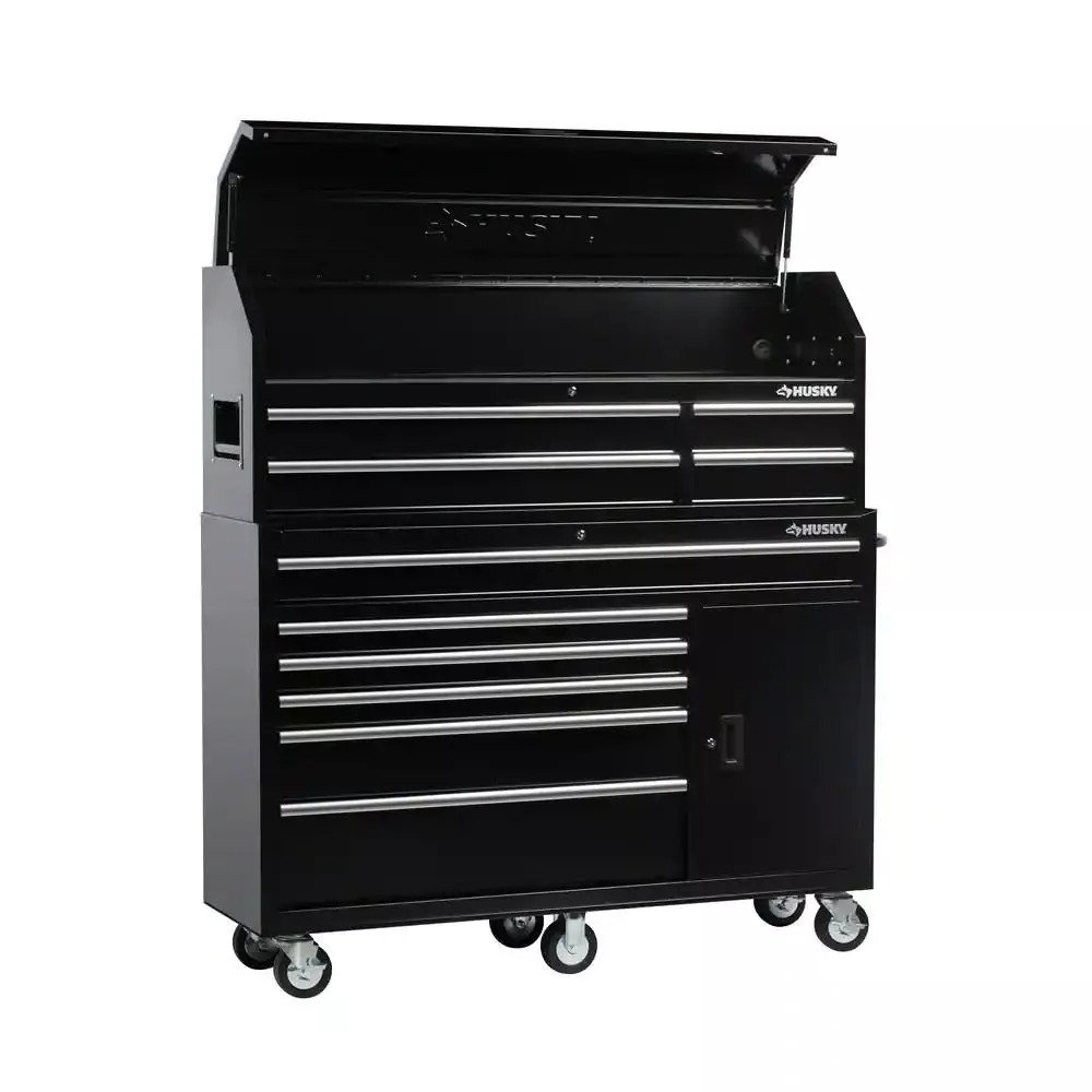Husky 61 in. W 10-Drawer 1-Door Combination Tool Chest and Rolling Cabinet Set in Gloss Black