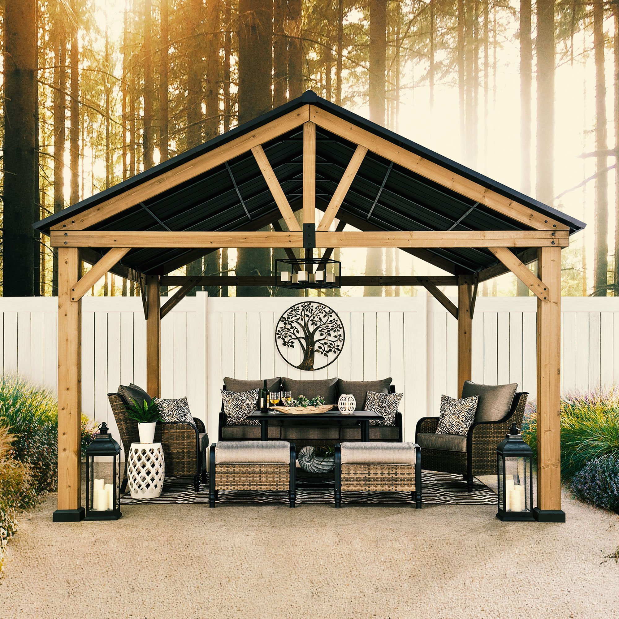 Sunjoy Matte-Black 11 ft. x 13 ft. Cedar Framed Gazebo with Hook and Steel Roof
