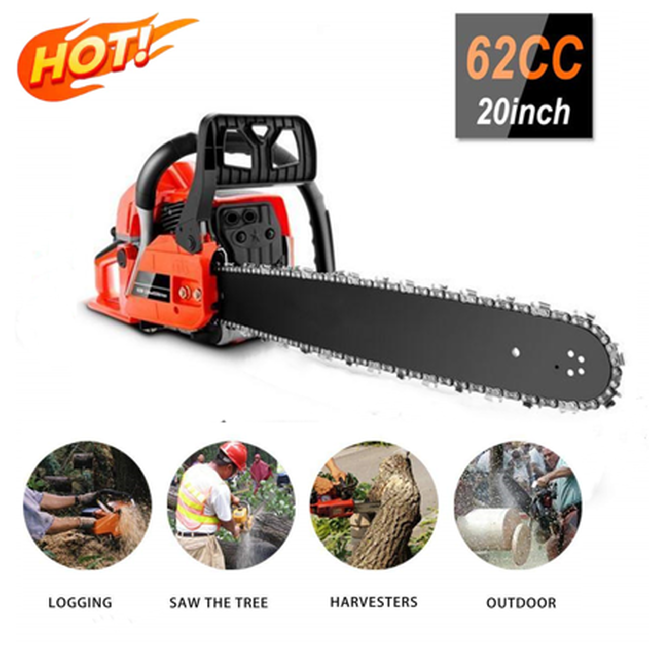3.5HPs 62CC 20' Gas Chainsaw Set 2 Stroke Engine Chain with Tool Kit for Farm, Garden and Ranch