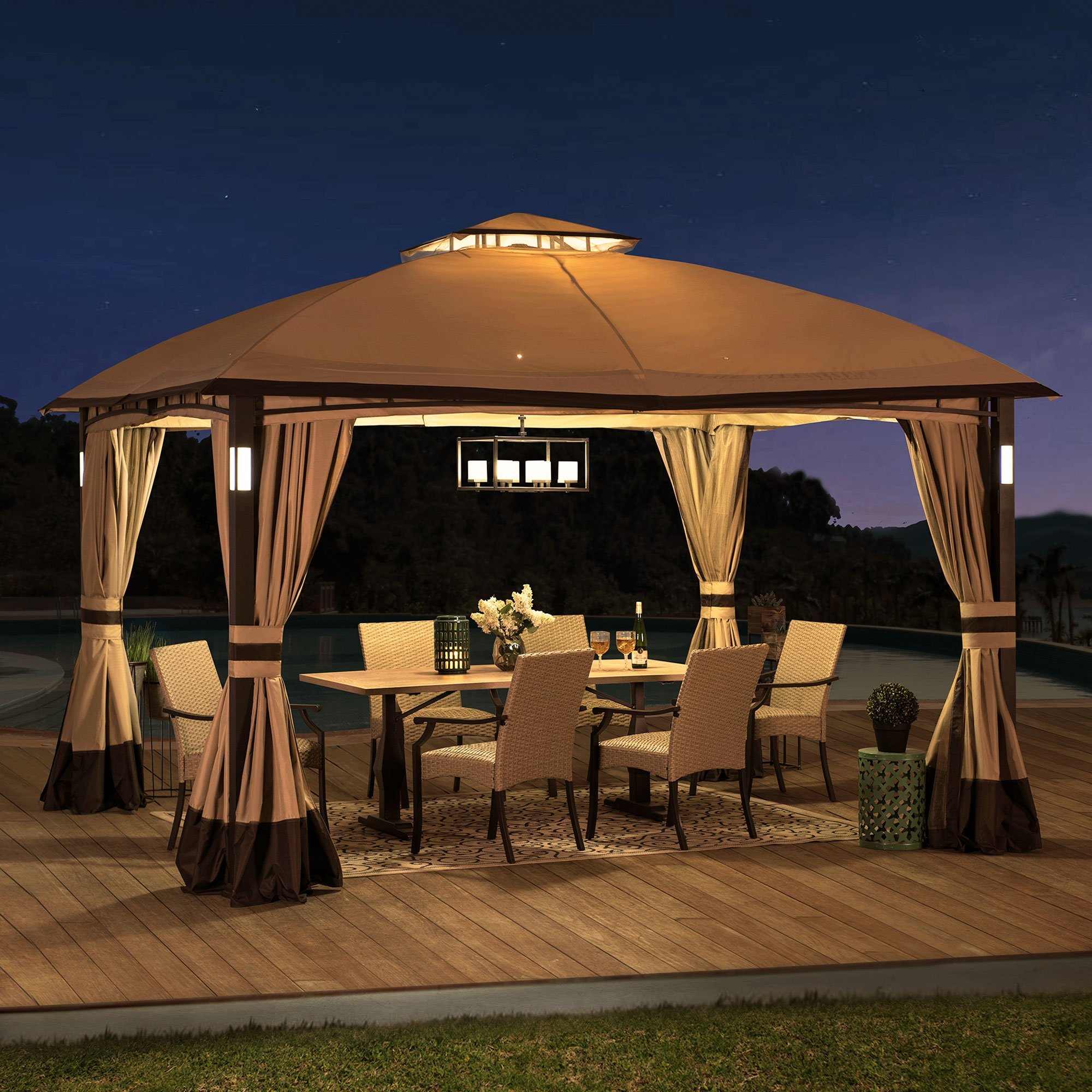 Sunjoy 11 ft. x 13 ft. Tan and Brown Gazebo with LED Lighting and Bluetooth Sound and Curtains