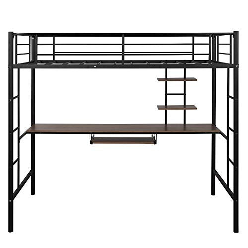 Loft Bed, Metal Twin Loft with Desk and Shelves Space Saving High Loft Bed for Kids and Teens, Black