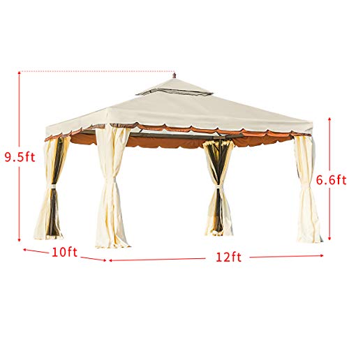 YOLENY 10‘x 12’ Outdoor Gazebo Canopy, Aluminum Frame Soft Top Outdoor Patio Gazebo with Polyester Curtains and Air Venting Screens Cream