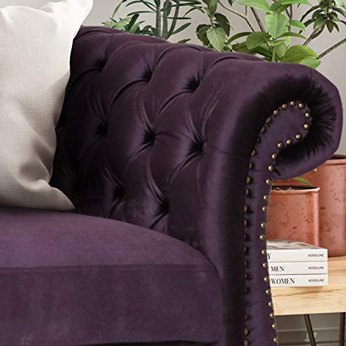 Vita Chesterfield Tufted Jewel Toned Velvet Sofa with Scroll Arms, BlackBerry