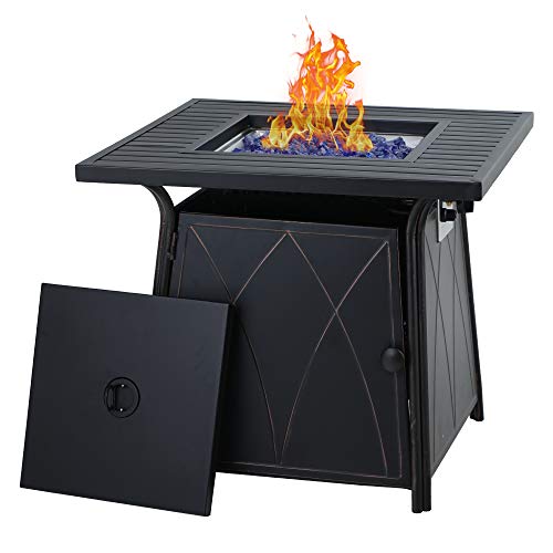 PHI VILLA Gas Fire Pit Table, 28 Inch Square Outdoor Patio Propane 50000 BTU Fire Pit Table with Lid and Blue Fire Glass