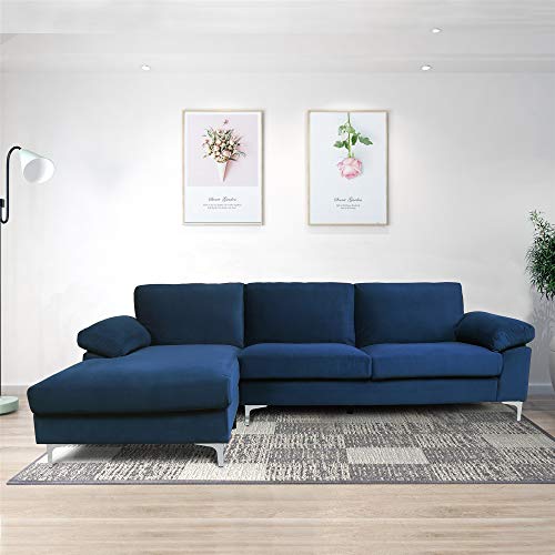 L Shape Sofa with Modern Velvet Fabric for Living Room Couch，Velvet Left Hand Sectional Sofa Facing Chaise (Navy Blue)