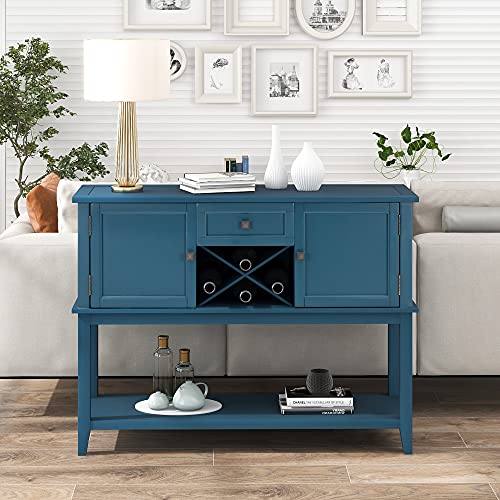 Console Sofa Table with Wine Rack Storage Drawers Shelf and Cabinets, Modern 45'' Wood Buffet Sideboard for Living Room Furniture Kitchen Dining Room Entryway Hallway, Wood Buffet Server, Navy Blue