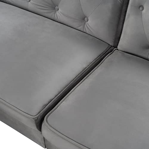 FAMIROSA Futon Sofa Bed, Velvet Upholstered Modern Convertible Folding Futon Lounge Couch for Living Space, Apartment, and Dorm (Gray)