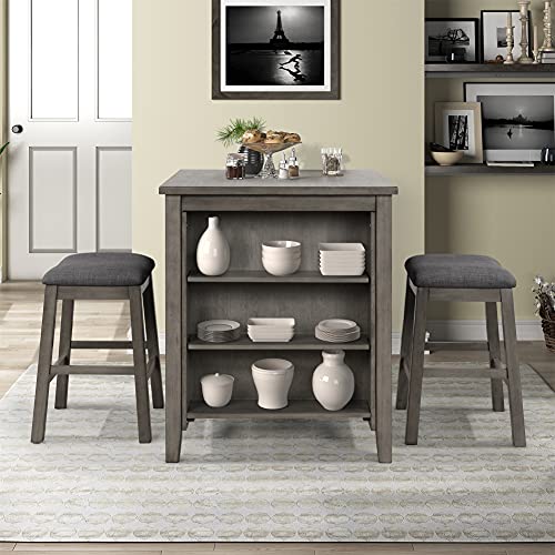 Harper & Bright Designs Dining Table Set 3 Piece, Rustic Wooden Counter Height with 2 Stools, Compact Bar Pub Table Set with 3-Tier Storage Shelf, Perfect for Small Kitchen Dining Room,Gray
