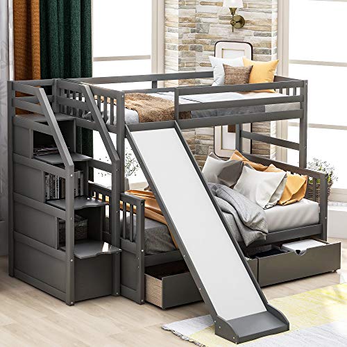 Harper & Bright Designs Twin Over Full bunk Bed, Solid Wood Bunk Bed Frame with Drawers, Storage and Slide for Kids, Adults (Grey)