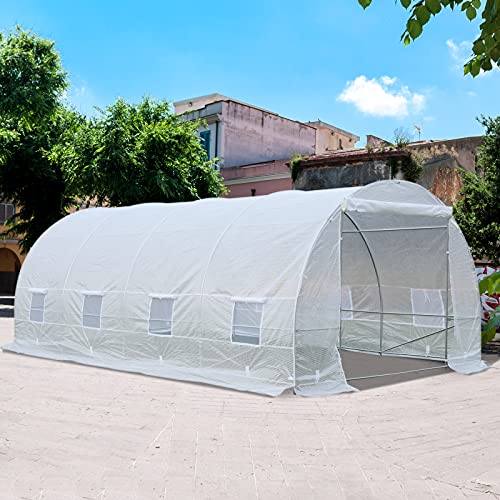 Outsunny 20’ x 10’ x 7’ Freestanding Tunnel Walk-in Garden Greenhouse Kit with 8 Roll-up Windows & Steel Frame, White