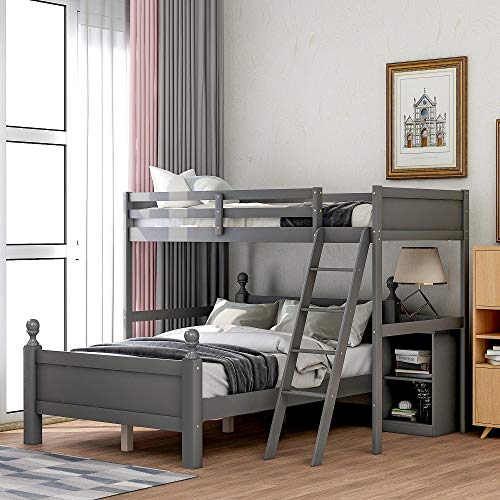 Twin Over Full Bunk Beds with Cabinet, Solid Wood Loft Bunk L-Shaped Bunk Beds Twin Over Full Size, No Box Spring Needed (Grey)