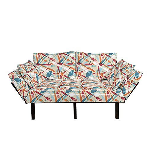 Lunarable Colorful Futon Couch, Abstract Cutlery Illustration Fork Spoon Modern Home and Cafe Art Pattern, Daybed with Metal Frame Upholstered Sofa for Living Dorm, Loveseat, Red Orange Blue