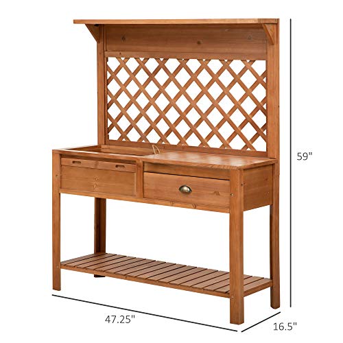 Outsunny 48'' Garden Wooden Potting Bench Table w/Metal Screen, Draining Area, Side Hooks, Drawer, Open Upper/Lower Shelf