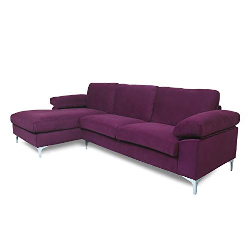 Purple Sectional Sofa with Lounger Chaise,JULYFOX Overstuffed 3 Seater Velvet Fabric Couch L-Shaped Sofa Extra Wide Armrest 42.5 inch Longer Lounger Chaise