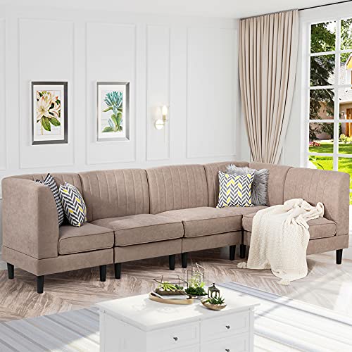 Vongrasig Modular Chesterfield Sofa Couch, Modern Fabric Reversible U-Shape Convertible 5- Seat Sectional Chaise Sofa for Living Room, Apartment and Small Spaces (Brown)