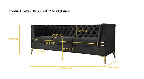WILLIAMSPACE Chesterfield Sofa 3 Seater Black Couches Upholstered Tufted Velvet Sectional Sofa for Living Room/Office/Apartment