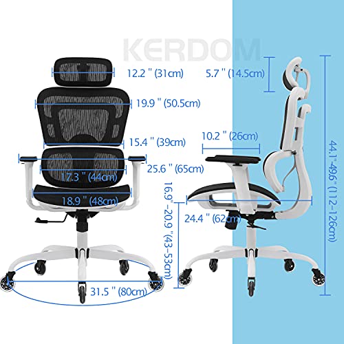 Office Chair, KERDOM Ergonomic Desk Chair, Comfy Breathable Mesh Task Chair with Headrest High Back, Home Computer Chair 3D Adjustable Armrests, Executive Swivel Chair with Roller Blade Wheels (White)