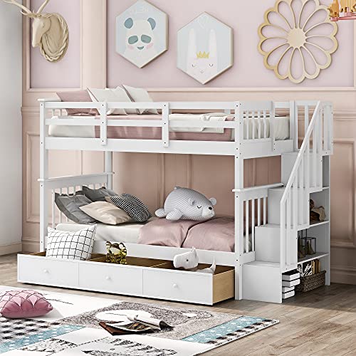 Twin-Over-Twin Bunk Bed with 4 Storage Stairway , 3 Drawers and Guard Rail, Twin-Over-Twin Bunk Bed for Bedroom, Dorm, for Family, Kids, Teens, No Box Spring Needed