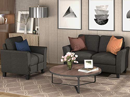 Knocbel 2 Pieces Living Room Furniture Set, Upholstered Linen Fabric Sofa Couch Loveseat Leisure Chair with Armrest (Black)