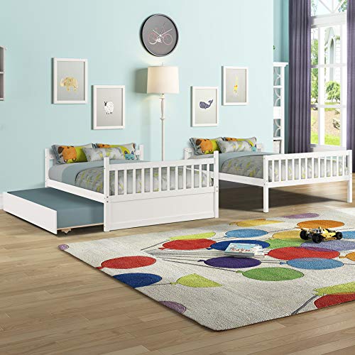 Bunk Bed, Harper&Bright Designs Solid Wood Full Over Full Size Beds Frame with Ladder Stairs, Safety Guard Rail and Twin Size Trundle, No Box Spring Needed, for Kids Toddlers Boys Girls Bedroom, White