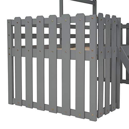 Harper & Bright Designs House Bed Loft Bed Twin Size, Low Loft Bed with Roof and Rustic Fence-Shaped Guardrail, Solid Wood, No Box Spring Needed,Grey