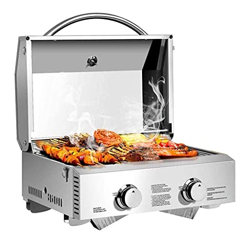 YZJC Portable Propane BBQ Gas Grill, Mini Tabletop Stainless Steel Two-Burner BBQ with Foldable Leg, 20000 BTU, Ideal for Outdoor Camping Picnic Trip, 22'' x 18'' x 15'', (Silver)
