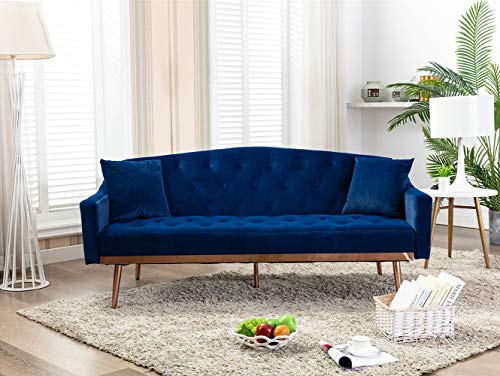 Velvet Futon Sofa Bed with Two Pillows, Modern Sleeper Sofa Couch with 3 Adjustable Angles, Convertible Loveseat for Living Room and Bedroom, Blue