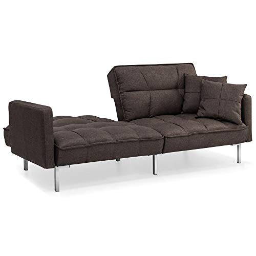 Best Choice Products Linen Upholstered Tufted Convertible Splitback Sleeper Futon w/Pillows, Brown
