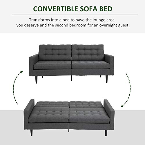 HOMCOM Linen Fabric Convertible Sofa Bed with Button Tufted Back Design, Adjustable Angles and Wood Legs, Grey