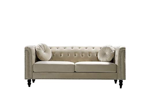 US Pride Furniture Modern Style High Density Foam 75.98'' Wide Cream Velvet Rolled Arm Chesterfield Living Room Removable Cushion & Solid Wood Legs (S5608-5613) Sofas