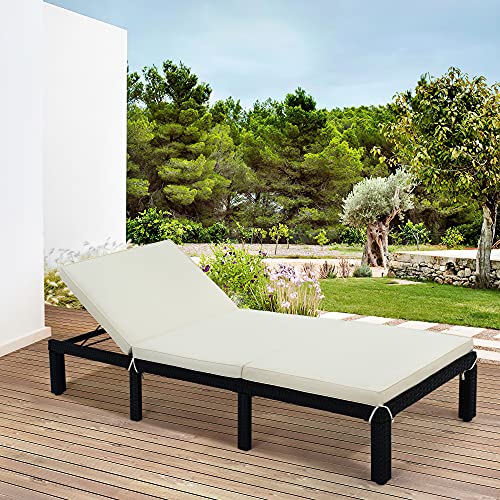 Harper & Bright Designs Single Patio Chaise Longue, All Weather Outdoor PE Rattan Wicker Reclining Lounge Chair Sunbed with Adjustable Backrest for Garden, Lawn, Backyard, Poolside (Beige)