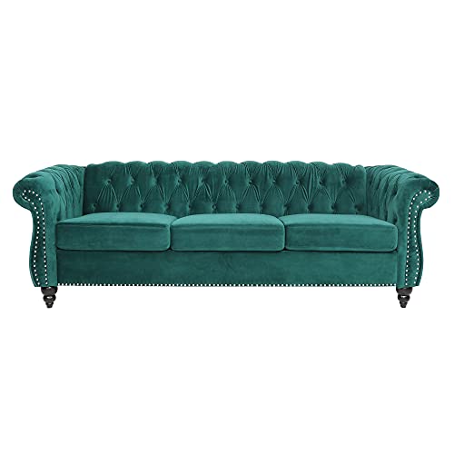Velvet Chesterfield Sofa, 84'' Modern Tufted 3 Seater Couch with Scroll Arms and Wood Legs for Living Room Bedroom (Green)