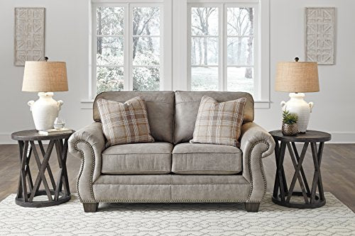 Signature Design by Ashley Olsberg Faux Leather Upholstered Loveseat with Nailhead Trim and 2 Accent Pillows, Gray