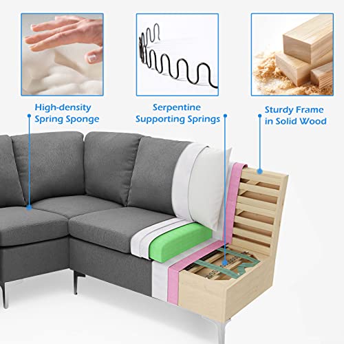 YODOLLA Convertible Sectional Sofa with Storage Space, Comfortable Sofa for Living Room, 3-seat Lounge Couch with Adjustable Ottoman, Grey Color