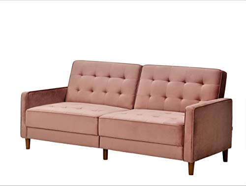 US Pride Furniture Classical Style Soft Square Arm 80’’ Wide Rose Velvet Tufted Twin Size Convertible Sofa Bed with Solid Wooden Legs & High Density Foam (SB9074-9080) Sofabed