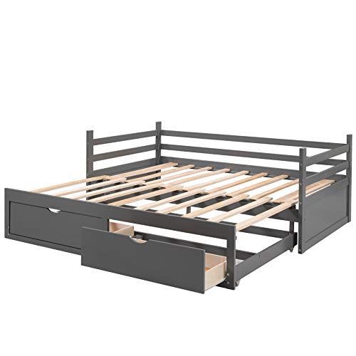 Twin Over Twin/Full/Queen/King Bunk Bed ,New Version Wooden Bunk Bed with Drawers ,Extendable Pull-Out Bunk Bed ，Convertible to Daybed and Loft Bed , Functional Twin Bunk Bed ,Grey