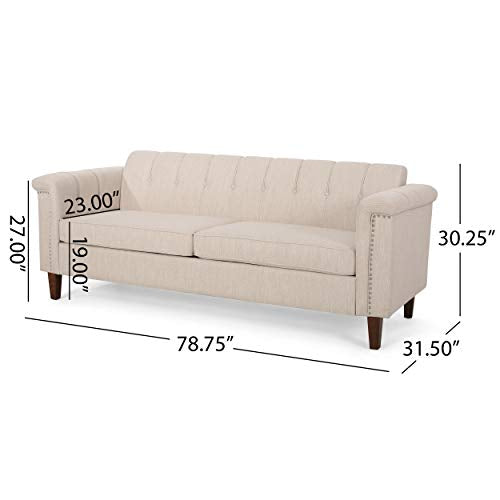 Christopher Knight Home Shelby Contemporary Channel Stitch Fabric 3 Seater Sofa, Beige + Espresso