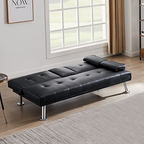 ZSY Sofas Faux Leather Loveseat Sofa Bed with Cup Holders, Convertible Folding Sleeper Couch Bed