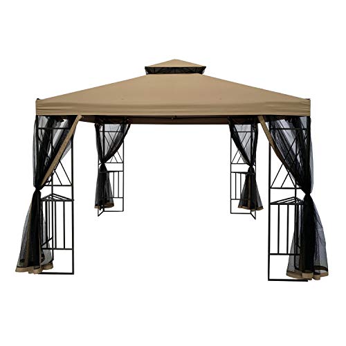 SUNA OUTDOOR 10x10 Ft Outdoor Gazebo Steel Frame Two-Tiered Top Canopy, X Shape Decor Gazebo with Adjustable Netting for Garden Backyard, Tan
