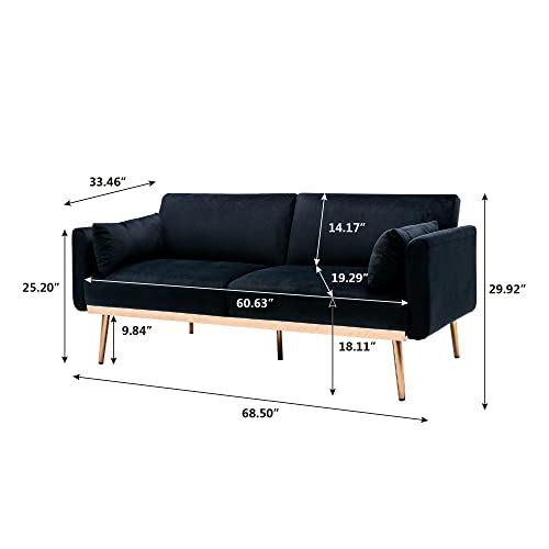 Udforsk Velvet Fabric Sofa Couch 68.5 inch Wide Mid Century Modern Living Room Couch with Metal feet 700lb Heavy Duty European Style loveseat Sofa (Black)