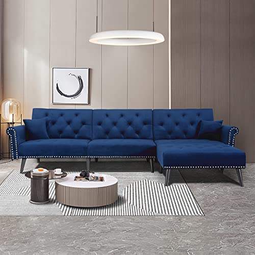 Recaceik Convertible Sectional Sofa with Recliner, Modern L Shaped Sectional Couch with 2 Pillows, 4-Seat Velvet Sectional Couches with Reversible Chaise for Living Room Apartment, Navy