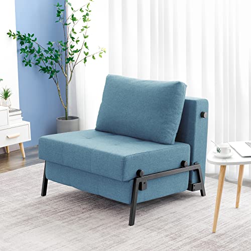 Vonanda Sofa Bed, Sleeper Convertible Chair Multi-Function Guest Bed Modern Breathable Linen Folding Bed with Hidden Legs for Small Room Apartment, Denim Blue