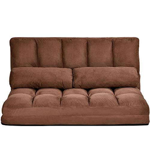 Takefuns Double Chaise Lounge Sofa Floor Couch and Sofa with Two Pillows for Living Room(Brown) A